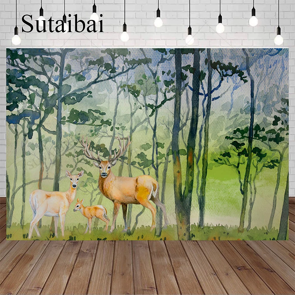 

Animals In Jungle Poster Background Deer Green Plants Family Portrait Photographic Banner Kid Happy Sweet Photocall Booth Props