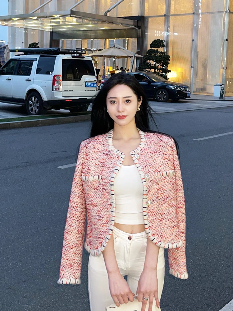 Spring New Women Slim Fit Spliced Tweed Jacket French Style Office Lady Work Outwear Coat O Neck Pockets Crystal Buttons Jacket