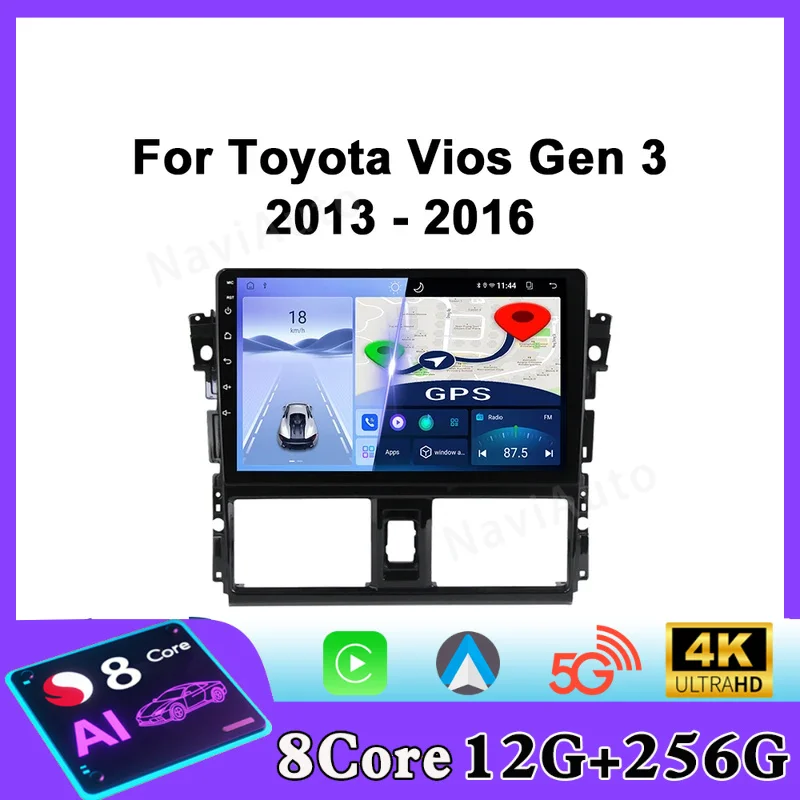 For TOYOTA VIOS GEN 3 Yaris 2013 - 2016 Car Radio Android Automotive Multimedia Player Navigation GPS Carplay Screen Auto Stereo