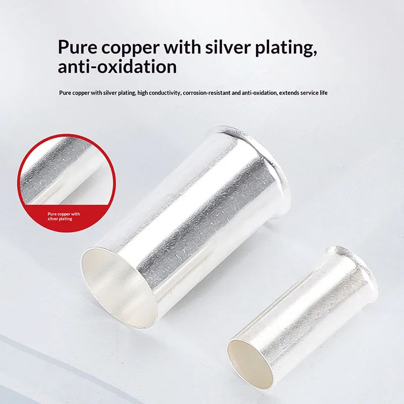 EN0508/7508/1505 Naked Sleeve Tubular Cable Connector Silver-Plated Copper Crimp Terminals Non-Insulated Cord End Terminals Kit