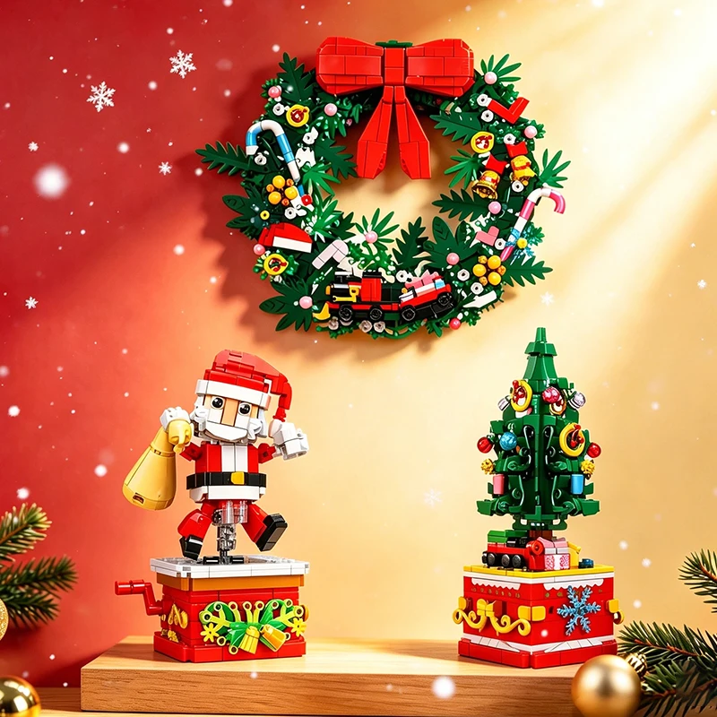 New Christmas Building Blocks Toy Christmas Wreath Hand Crank Santa Figure Xmas Tree Desktop Display Festival Decor Gift