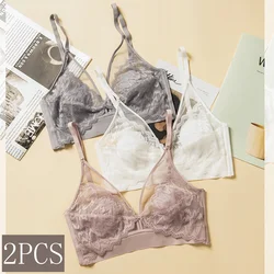 2Pcs/Set Lace Bras For Women Push Up Seamless Bra Wireless Brassiere Deep V Neck Bralette 3/4 Cup Underwear Sexy Lingerie