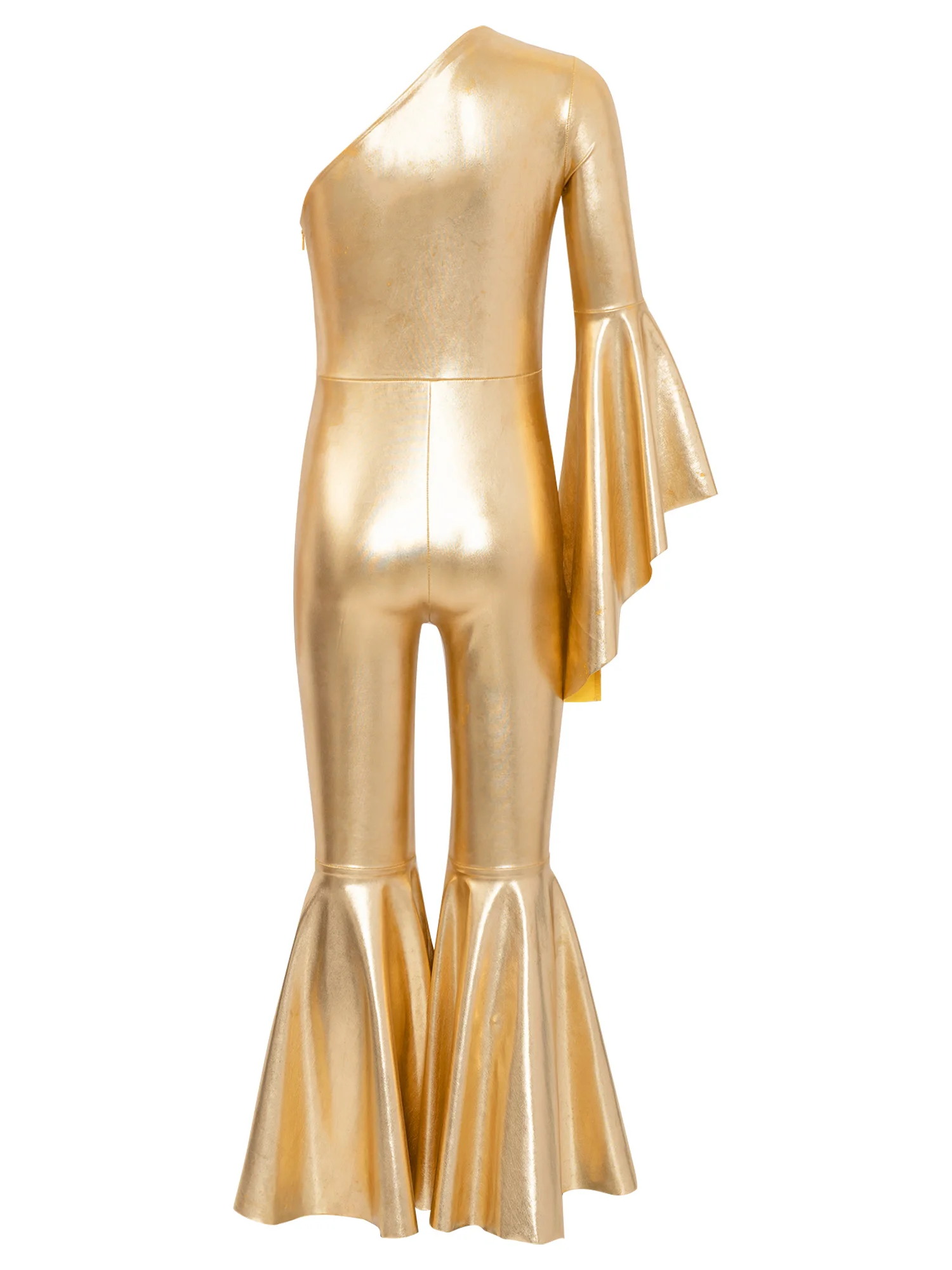 Kid Girl Metallic Shiny Bell-Bottom Jazz Dance Jumpsuit One Shoulder Bodysuit Carnival Party 60s 70s Hippie Performance Costume