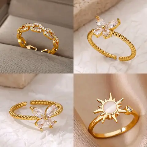 Zircon Butterfly Ring For Women Gold Color Stainless Steel Geometric Butterfly Adjustable Ring Waterproof Aesthetic Jewelry Gift