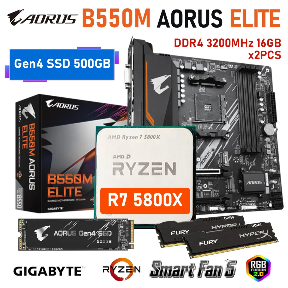 

GIGABYTE B550M AORUS ELITE Motherboard + DDR4 3200MHz 16GBx2PCS + AMD R7 5800X + Gen4 SSD 500GB Desktop Combo M.2 PCI-E 4.0 New