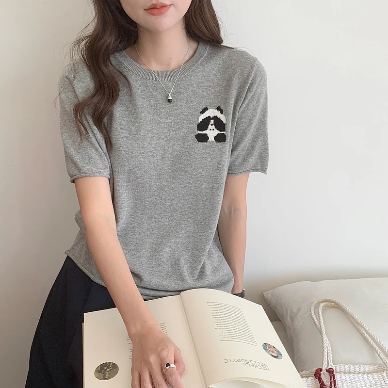 Summer 100% cotton women's T-shirt casual solid color knitted pullover short sl…