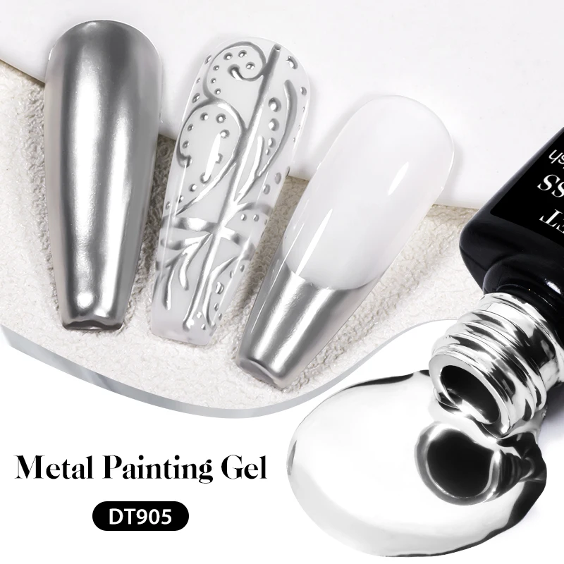 MEET ACROSS 7ml Silver Metal Painting Gel Nail Polish Mirror Effect Line Flower Drawing Gel Soak Off Gel UV Nail Art Varnish DIY
