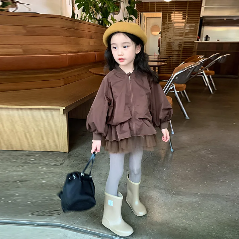 Children Coat 2023 Girls Spring and Autumn New Fashionable Solid Color Mesh Princess Sweet Casual Simple Coat for Girls