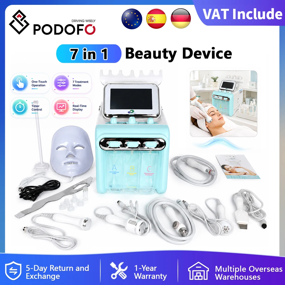 Podofo 6/7 en 1 Appareil de Soin du Visage Dermabrasion Peeling Spa Rajeunissement Cutané Hydrodermabrasion Nettoyage Profond Aqua Jet d'Eau Oxygène Machine de Peeling Oxygène Pulvérisateur Facial Nettoyage du Visage RF Lifting Dermabrasion Peau