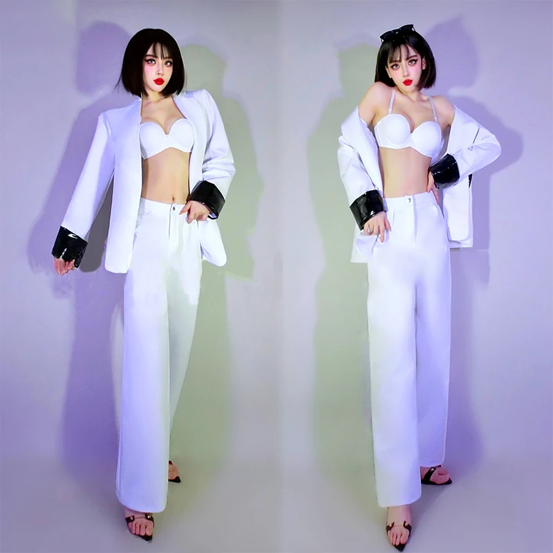 New Gogo Performance Outfit Women White Suit Girl Group DS Temperament Sexy Particle Wide Leg Pants Nightclub Bar Dj Wear XH663