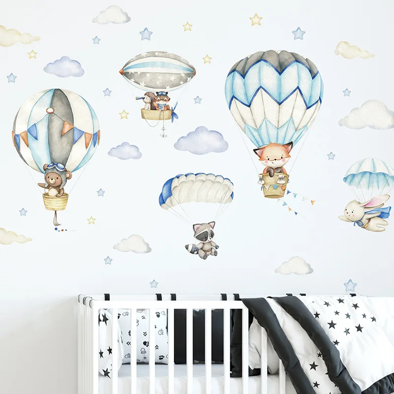 Cartoon Animal Wall Decals Panda Foxes on Hot Air Balloon Wall Stickers for Kids Room Baby Nursery Boy Room Stickers Home Decor