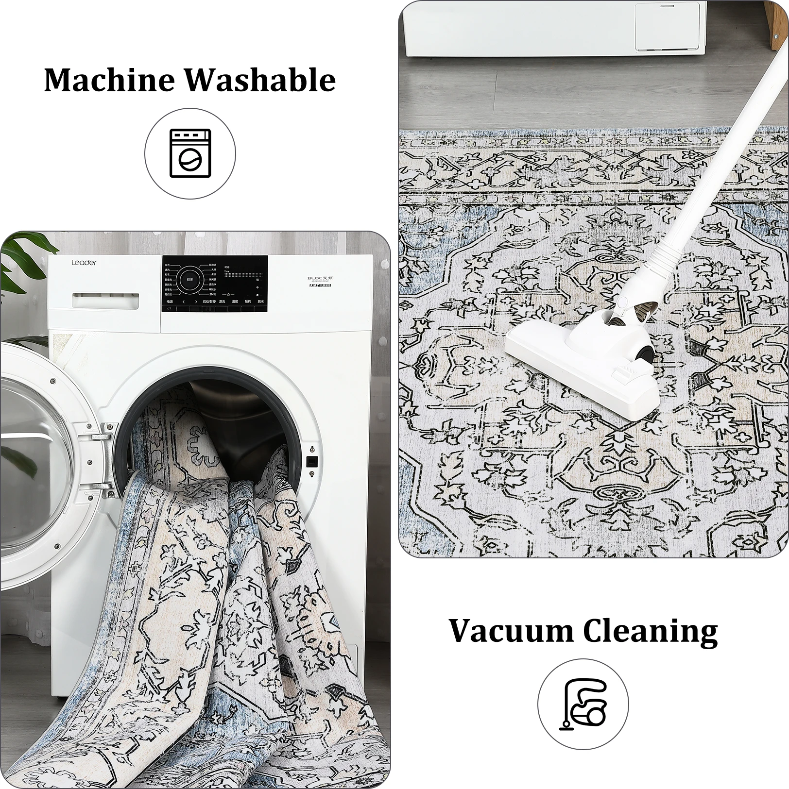 Vintage Washable Soft Area Rug Low Pile Anti-Slip Stain Resistant Rug Foldable Thin Floral Distressed Carpet Non-Shedding Pad