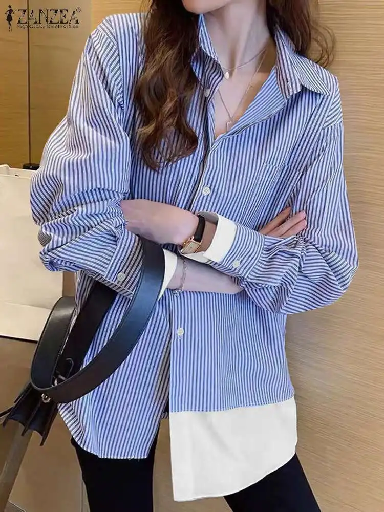 Koreaanse Mode Ol Werk Blouse 2024 Herfst Vrouwen Patchwork Tops Zanzea Elegante Lange Mouw Gestreepte Shirts Casual Vakantie Blusas