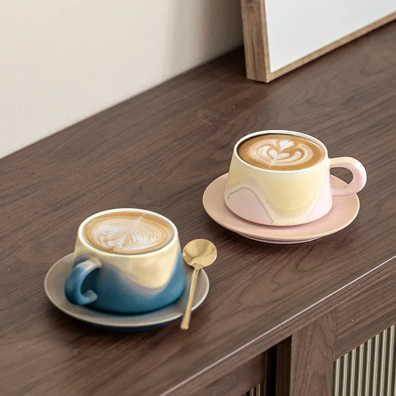 Premium Gift Box Porcelain Coffee Mug Set 8.2 Oz 240 ML with Saucer Spoon & Tray Nordic Style Marble Pattern Microwave Safe