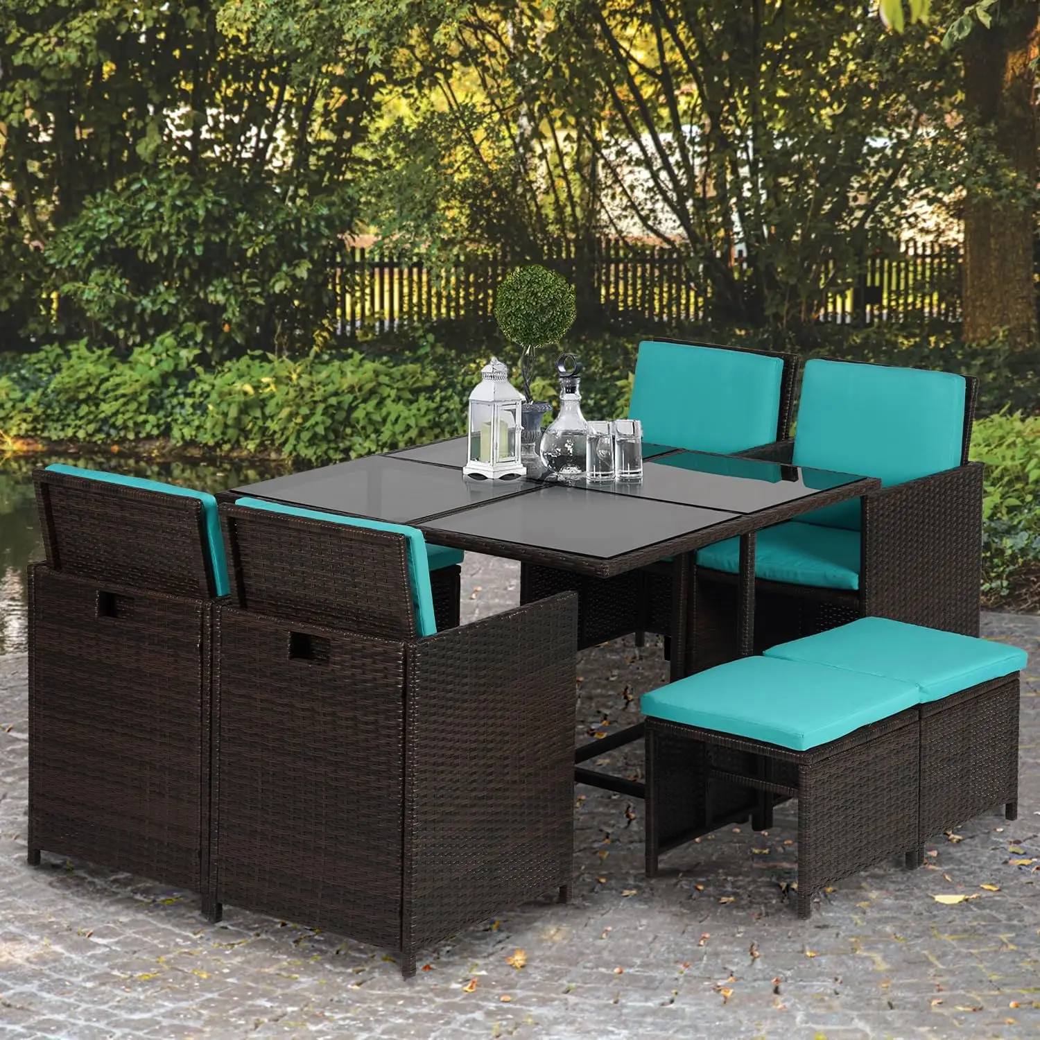 Patio Dining Set 9 Pieces With 4 Chairs 4 Ottomans Glass Table For Backyard Porch Balcony, Customized