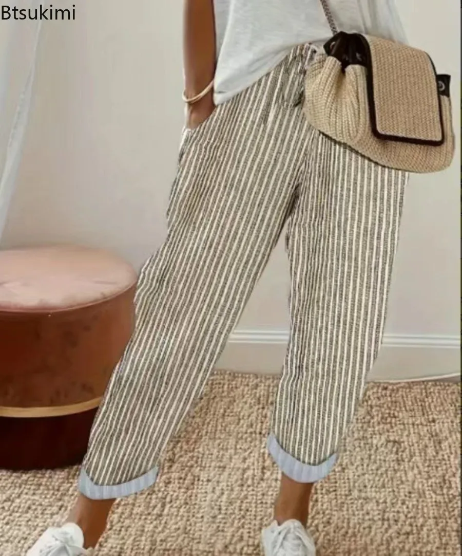 Women's European and American Cross Border  Summer New Fashionable Loose Stripe Printed Elastic Waist Drawstring Casual Pants