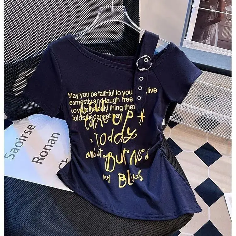Summer women's new pleated waist irregular American printed diagonal neck off-the-shoulder short-sleeved t-shirt