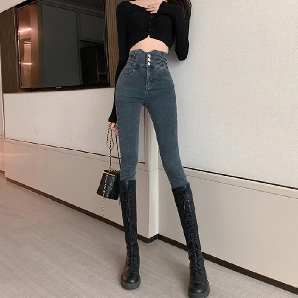 

Женские джинсы с ультравысокой талией и небольшими штанинами весной и осенью, новый стиль дымчато-серого цвета, облегающие, эластичные, для похудения,