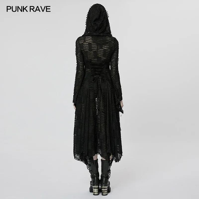 PUNK RAVE Women's Splices Lace Mesh Dark Wizard Coat Gothic Mysterious Personality Halloween Club Irregular Long Jacket