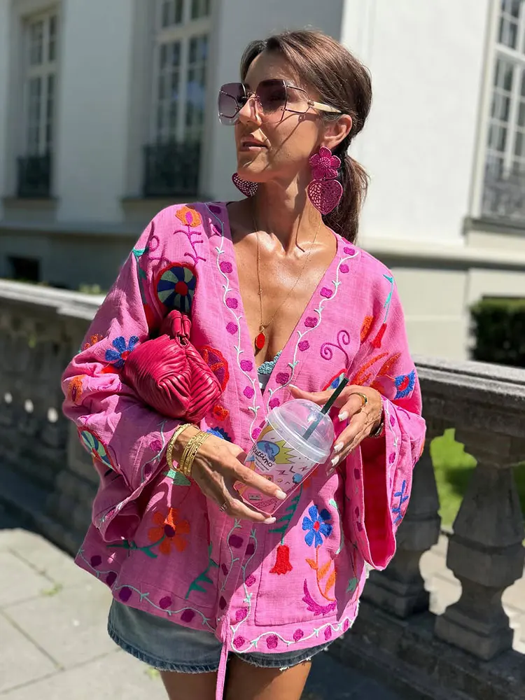 

HH Осенний модный кардиган с цветочной вышивкой, пальто для женщин, винтажное пальто с длинными рукавами и v-образным вырезом на шнуровке, повседневная верхняя одежда