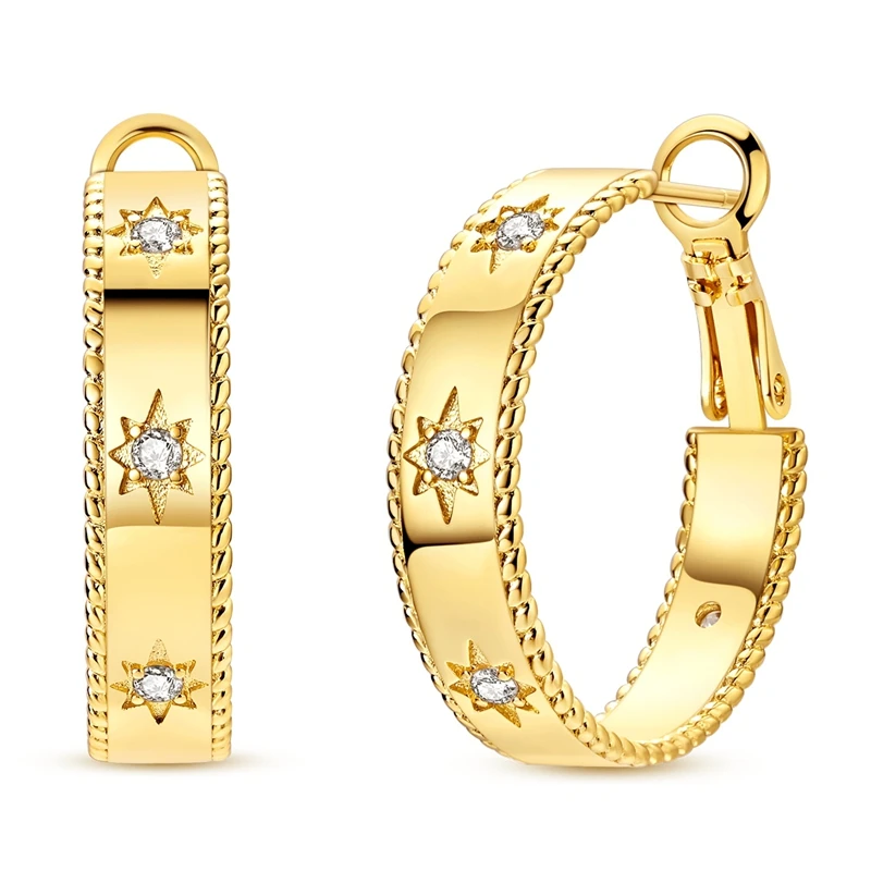 

925 Sterling Silver Earrings Women Zirconium Gold Star Fried Dough Twists Hoop Earring For Anniversary Wedding Jewelry Gifts