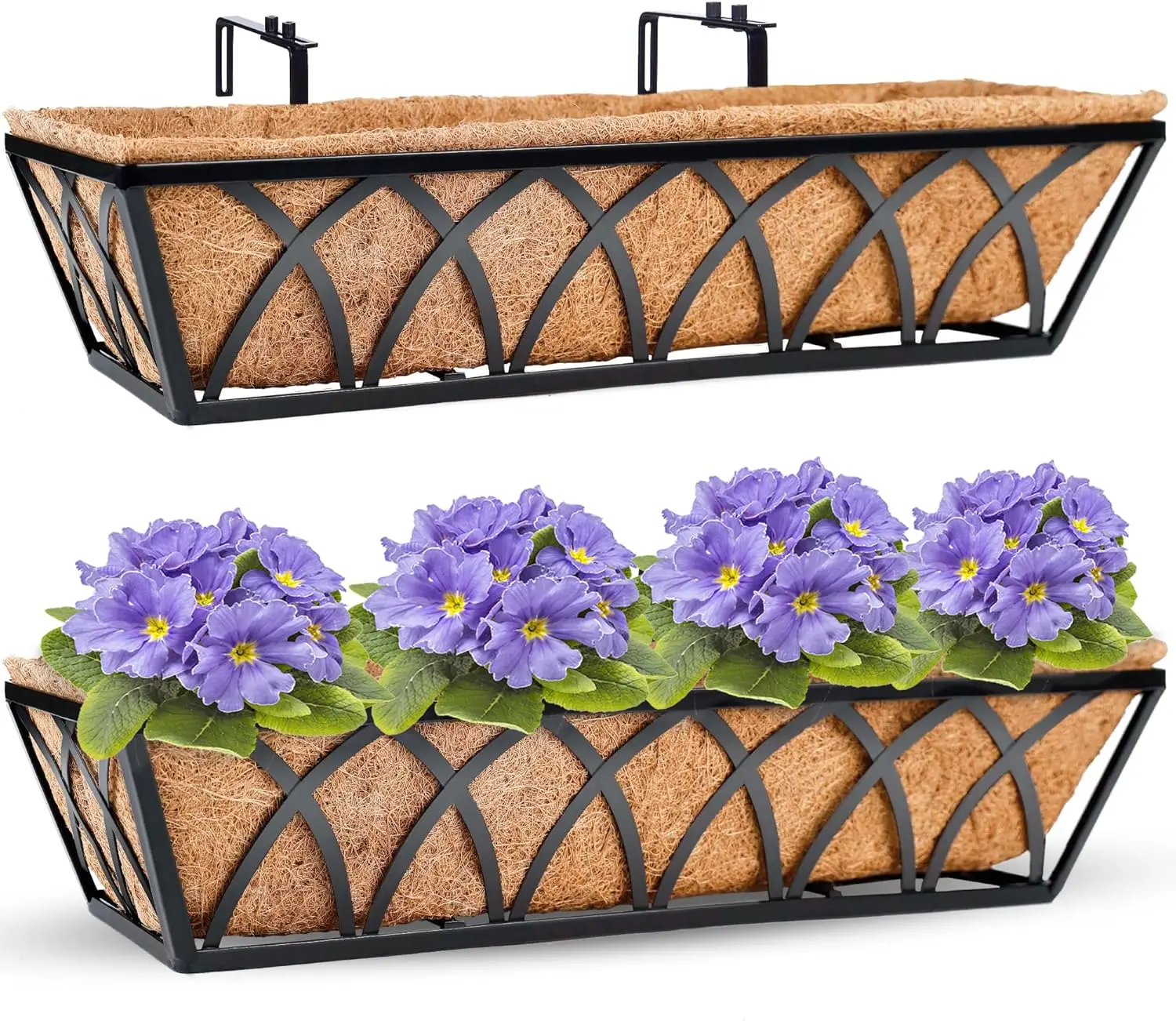 

24-дюймовая черная металлическая подвесная корзина для цветов с кокосовым вкладышем, набор из 2 штук для использования в помещении и на улице