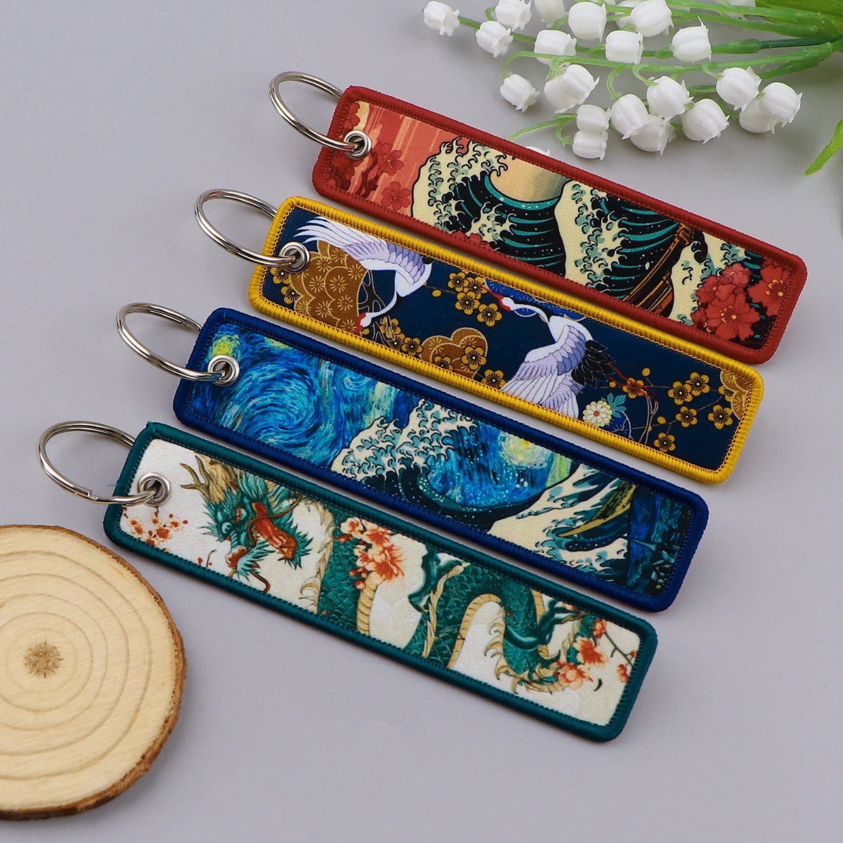 Van Gogh Embroidery Key Fobs Japanese Waves Key Tags Keychain For Motorcycles Cars Key Ring Accessories Jewelry Chaveiro Gifts