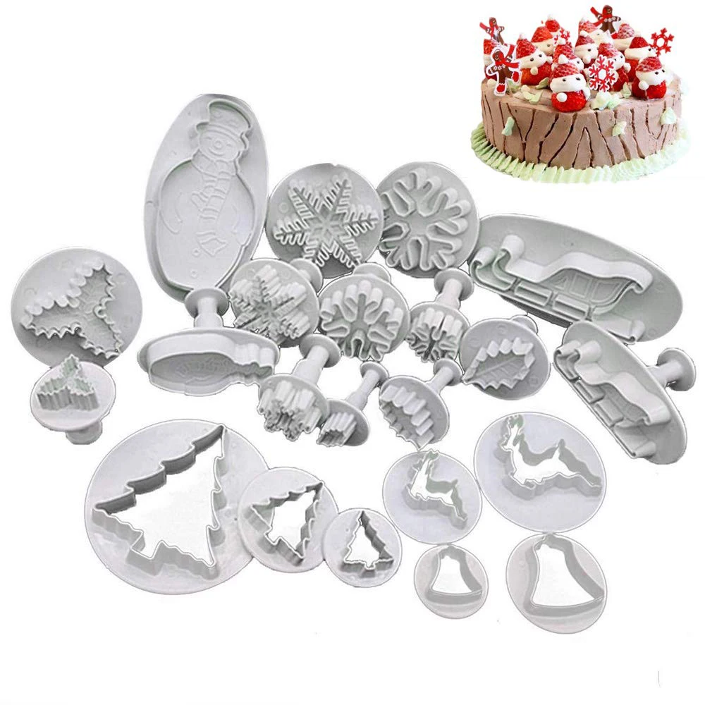 22Pcs Christmas Fondant Cake Cookie Plunger Cutter Sugarcraft Snowflake Snowman Christmas Tree Leaf Shape DIY Decorating Tools