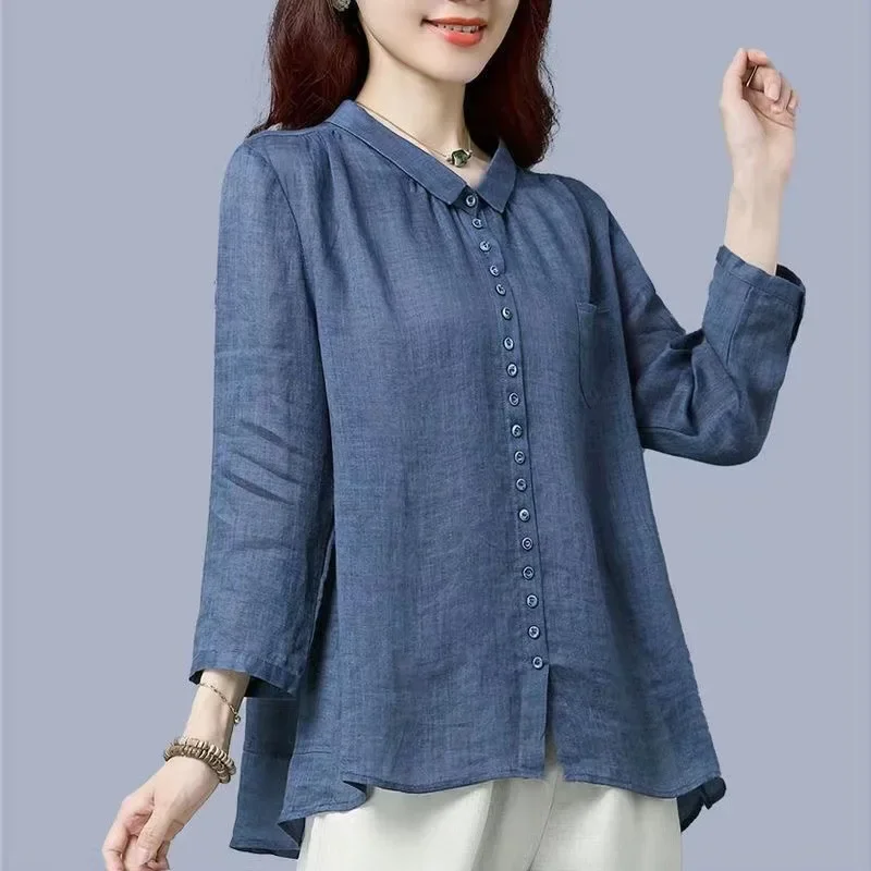 Spring Autumn Vintage Cotton Linen Cardigan Shirt Ladies Elegant Long Sleeve Buttons Top Women Comfortable Loose Casual Blouse