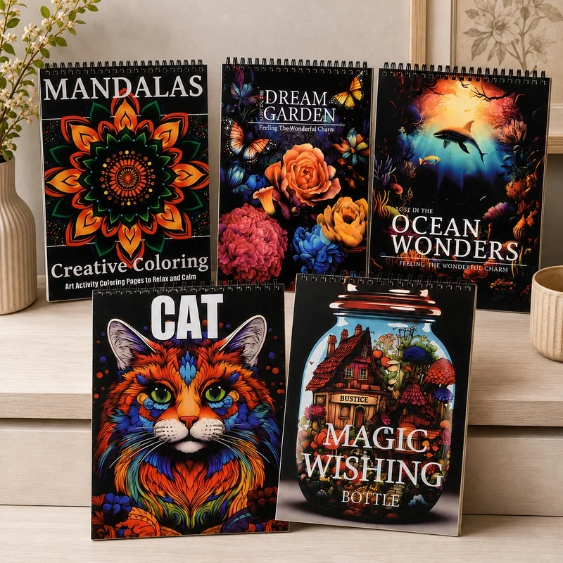 5 Pack Spiral Bound Adult Coloring Books for Women, 32 Pages Each, Single-Sided Coloring Pages for Stress Relief, Mindfulness