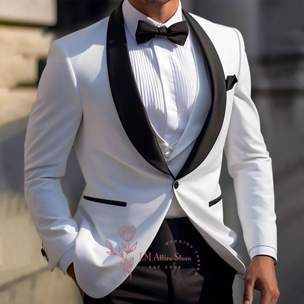 Men's white 3-piece suit jacket vest pants black satin shawl lapel blazer custom tuxedo for wedding birthday dance Xmas party