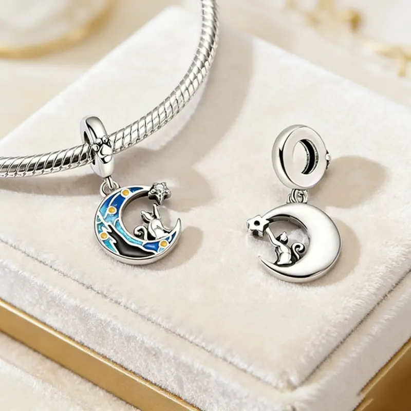 Silver 925 Mysterious Starry Sky Night Light Starry Sky Moon Cat Pendant Charms Beads Fit Bracelet DIY Jewelry Gift for Women