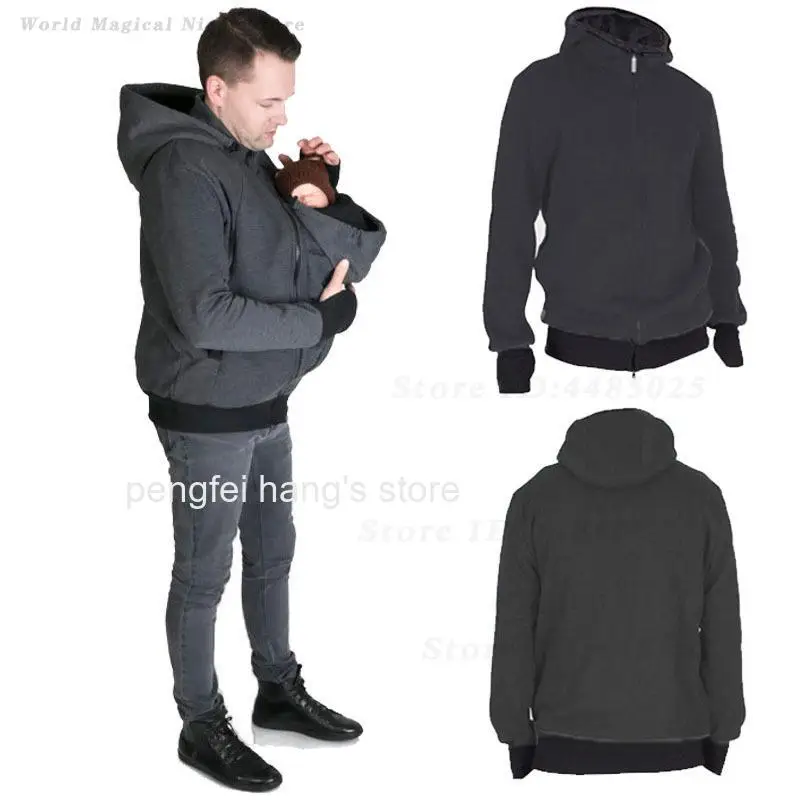 Men Autumn Winter Dad Hooded Sweatshirt with Baby Carry Pouch Multifunctional Kangaroo Pocket Casual Long Sleeve Pullover