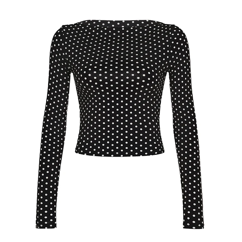 HEYounGIRL Women Dot Print Fitted Crop Top Elegant Casual Long Sleeve Vintage T-shirt Autumn Fashion Basic Tees Street Outfits