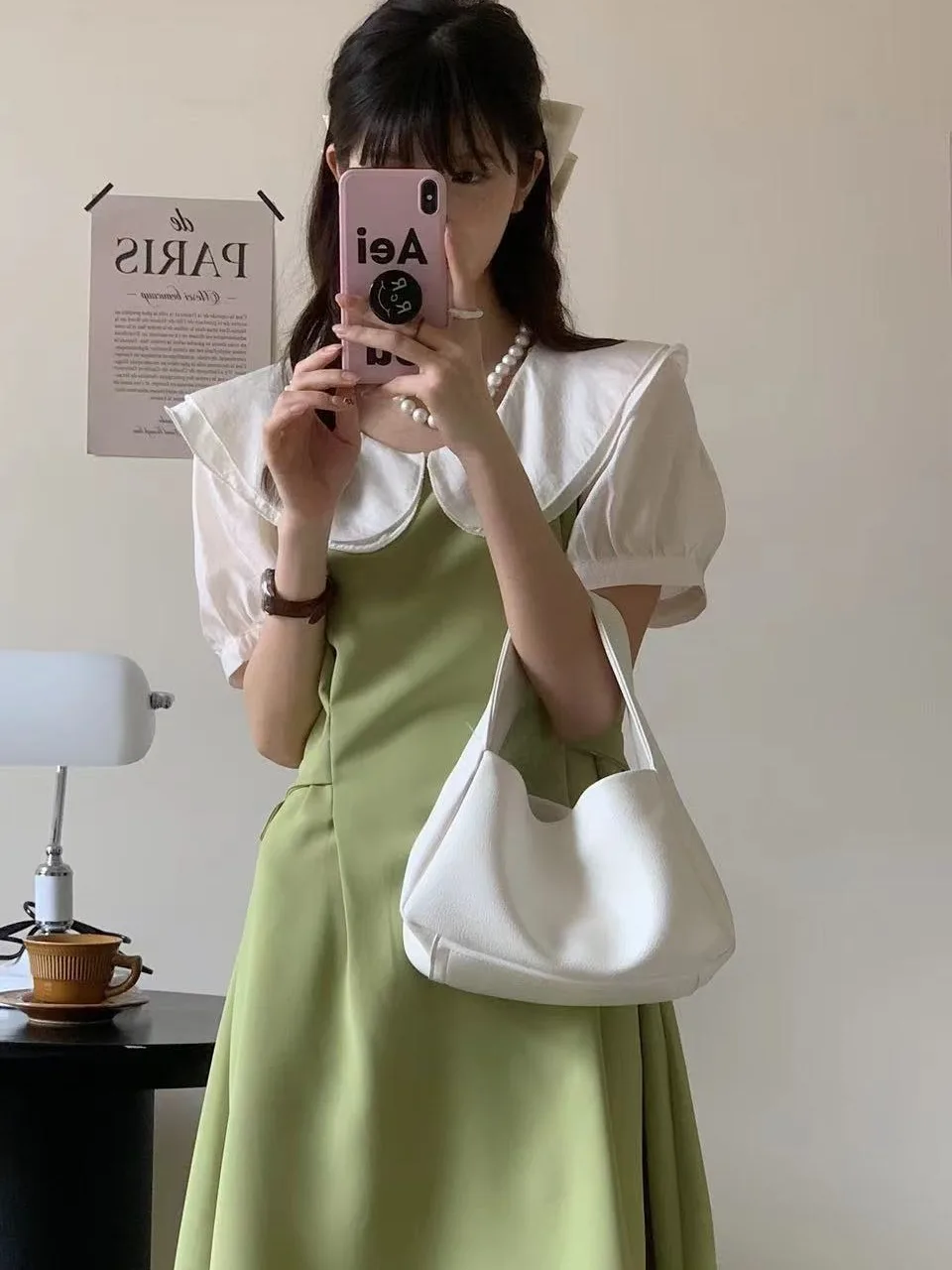 Colar de boneca de camada dupla falso de duas peças dr feminino dongda gate coreano sle commute ort sve cintura costurada verão dr