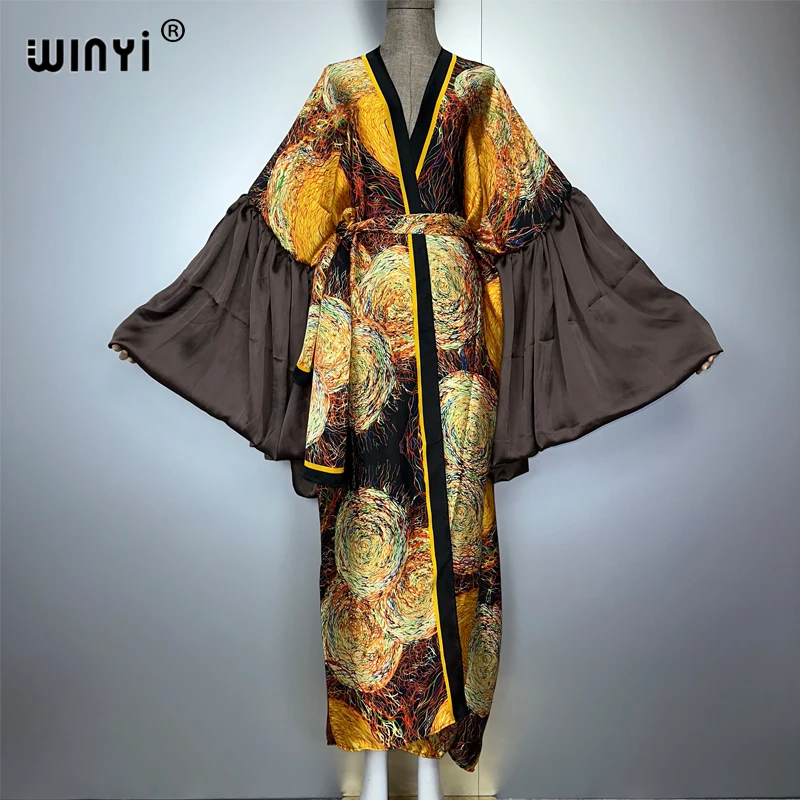WINYI プリント 漢服 着物 イブニングドレス ビーチウェア カバーアップ アフリカ女性用 ルーズ パフスリーブ カーディガン ボヘミアン ホリデー カフタン