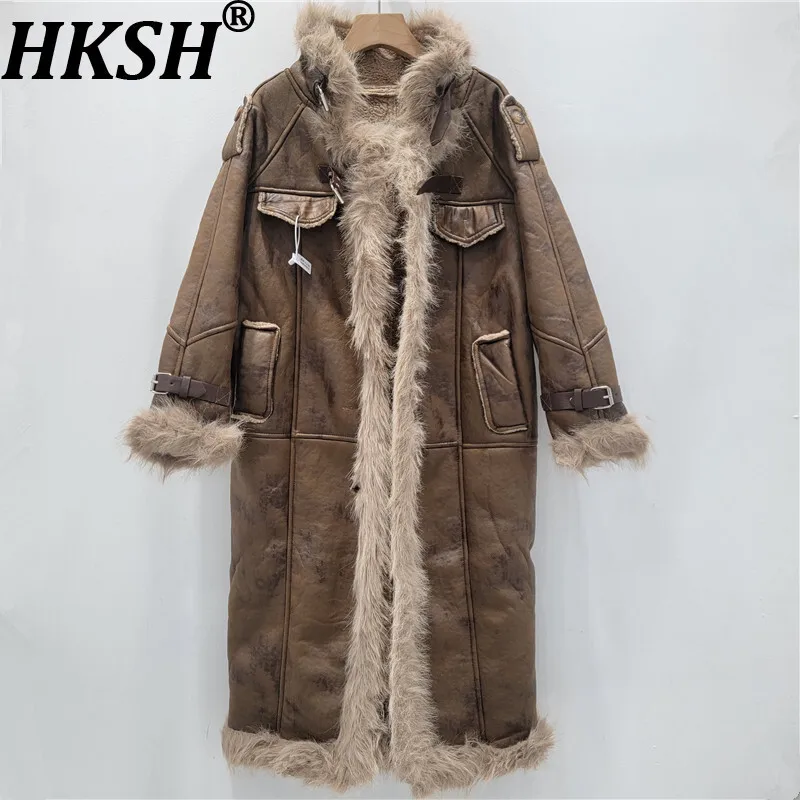 

HKSH осень-зима новое женское длинное пальто из искусственного меха сращенная искусственная кожа контрастного цвета с карманами уличная утолщенная куртка HK13272