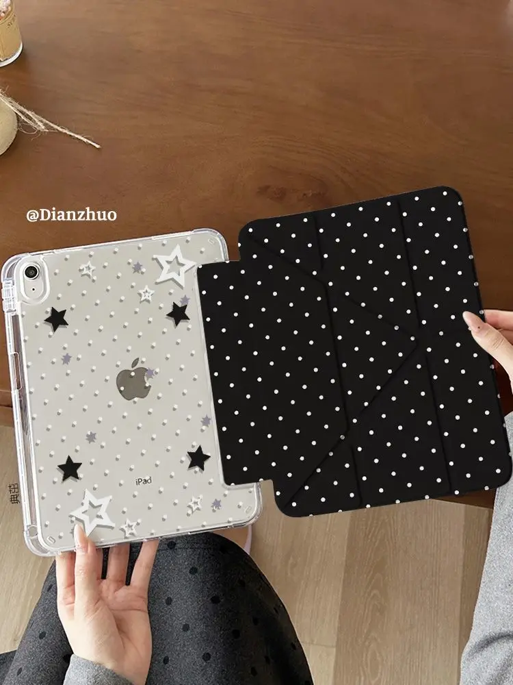 

Black White Polka Dot Stars 3+YFold iPad Case For iPad Pro 11 13in 2025 iPad Pro 12.9in Air7 10th 11th M4/5 Protected Cover