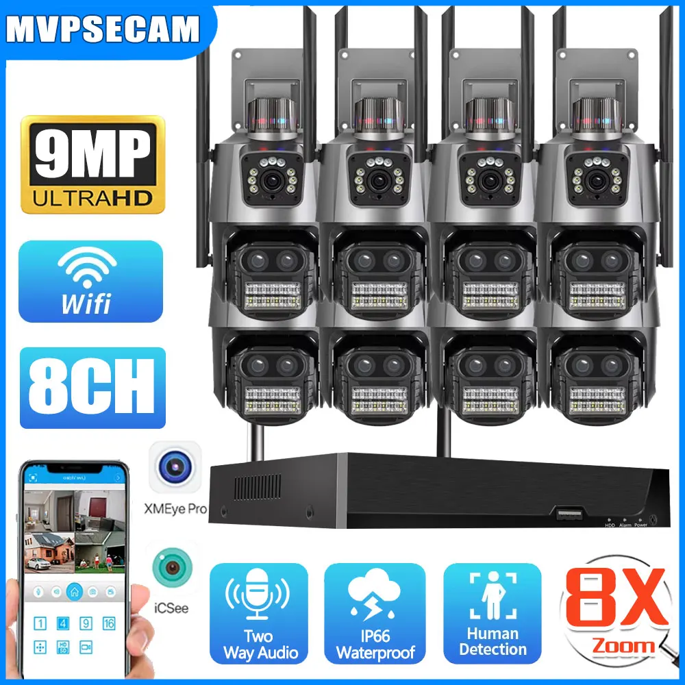 

9MP HD Wireless IP Camera Set 8X Zoom Dual Lens Security Proction PTZ WIFI Camera 8CH 5MP NVR Video Surveillance Kit ICSEE 4CH