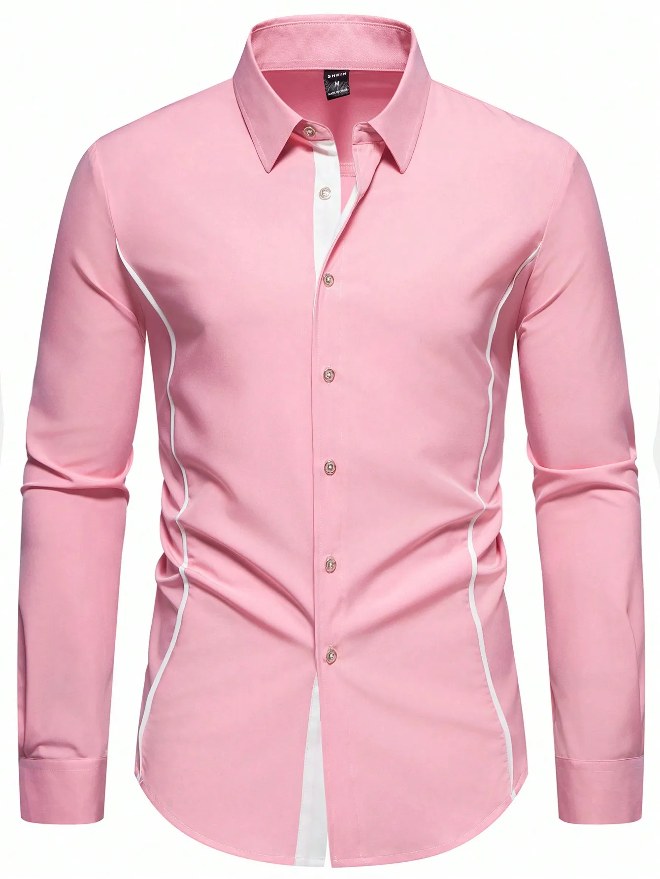 

Men's Pink Solid Long Sleeve Casual Shirt with White Contrast Stitching for Spring Summer