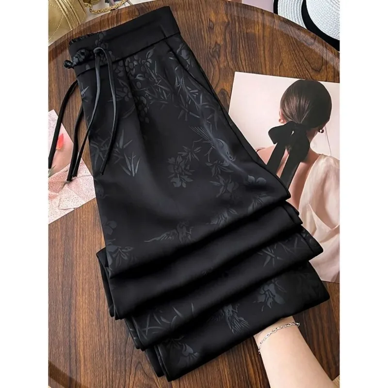 Women's Light Green Floral Embossed Wide-Leg Pants Drawstring Waist Elegant Casual Trousers