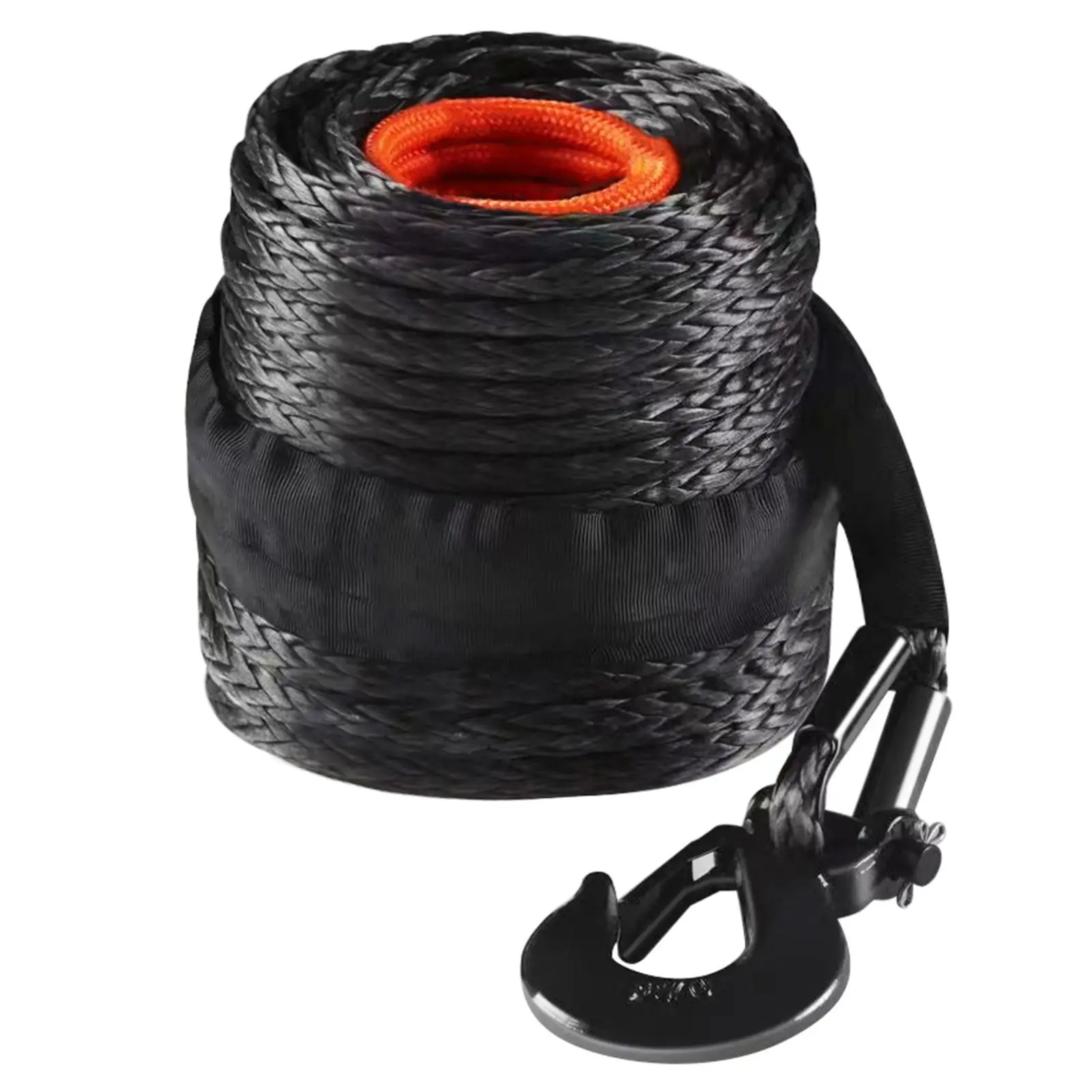 Synthetic Winch Rope, 3/8 Inch x 100 Feet 26,500 lbs Synthetic Winch Line Cable Rope with Protective Sleeve + Forged Winch Hook + Pull Strap, Universal Fit for SUV, Large Off-Road Vehicle, Truck