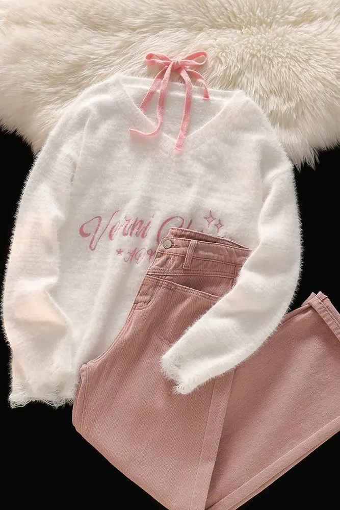 

Japan Sweet Suit Japanese Milky Style Design Knitted Sweater Women'S Straight Jeans Two-Piece Set