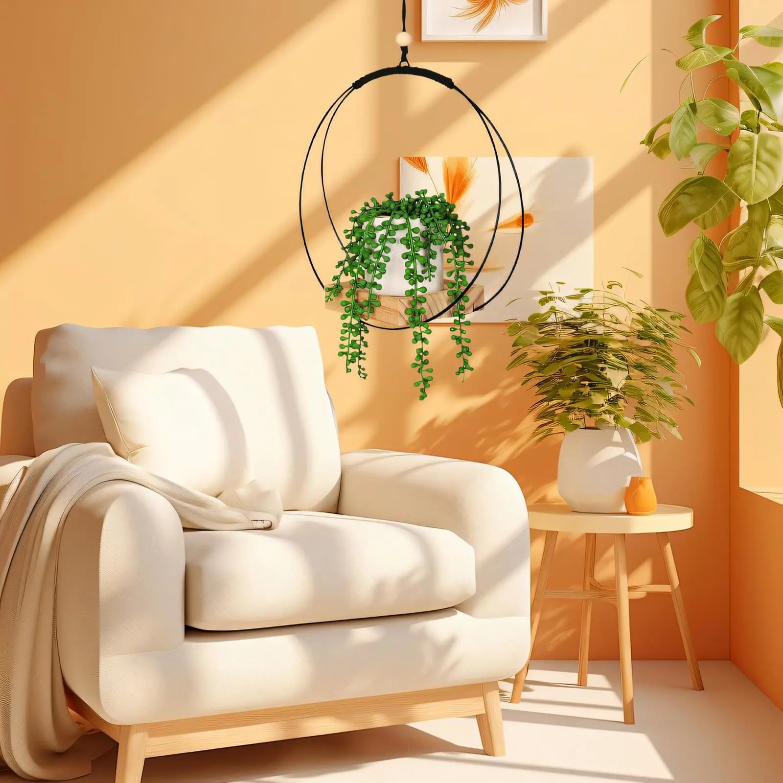 Cestas de suspensão anel de metal interno com base de madeira, vaso de suspensão para plantas, vaso de flores pendurado, flores de cesta de suspensão