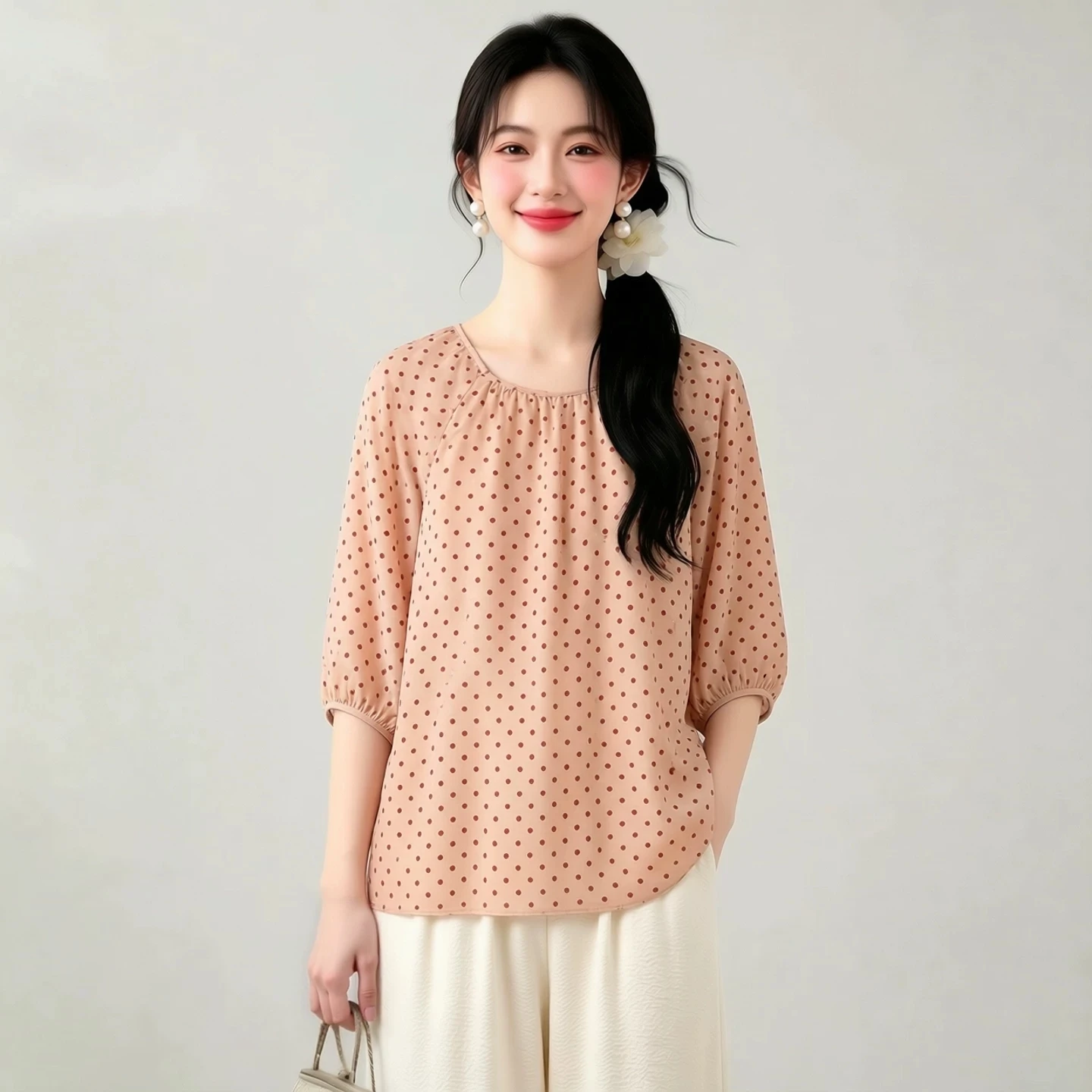 Winsleter-100%Real Silk Double Crepe Elegant T-Shirt, Lantern Sleeve Dot Print, Women Casual Loose Top, 2026 Summer New T66668CC