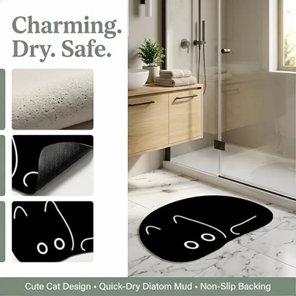 Cute Cat Themed Irregular-Shaped Absorbent Diatomite Bath Mat - Non-Slip, Bathroom Decor Rug, Cartoon Design, Easy to Clean, Sli