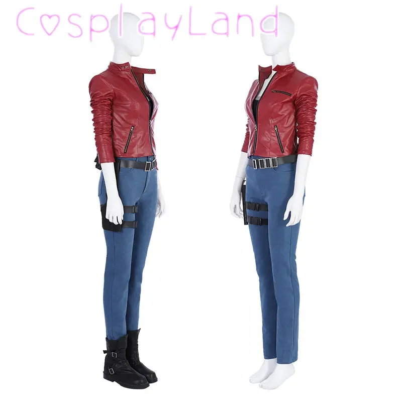 

Game RE2 Cosplay Claire Costume Halloween Masquerade Outfit With Accessories Red Leather Coat Women Complete Suit Claire Cosplay