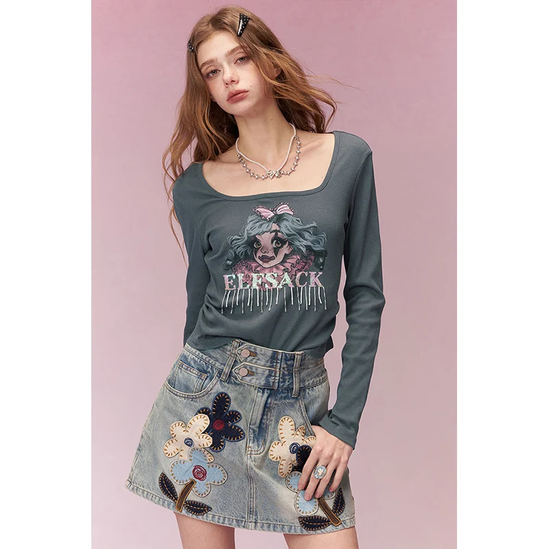 ELFSACK  Cool Clown Girl Print Square Neck Shirred Long Sleeve T-shirt For Women