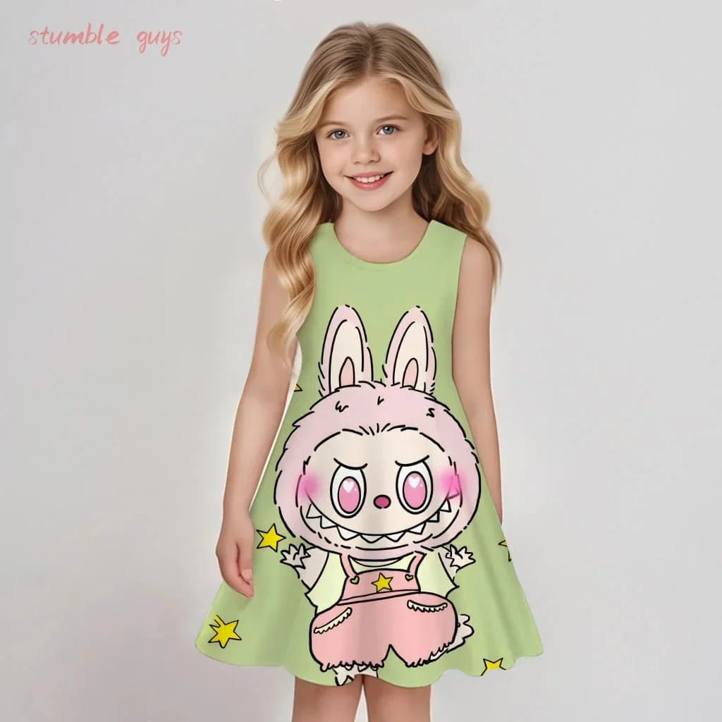 

MINISO New Summer Girl Dress Cute 3D Print Children's Clothing 2025 Cute Fashion Princess Cartoon Comfortable New Labubu