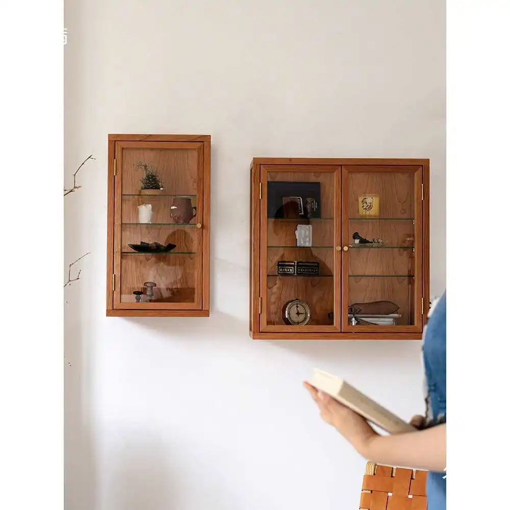 Solid Wood Glass Storage Cabinet, Black Walnut Wall-mounted Tea Set Display Cabinet, Tea Set Rack Display Cabinet